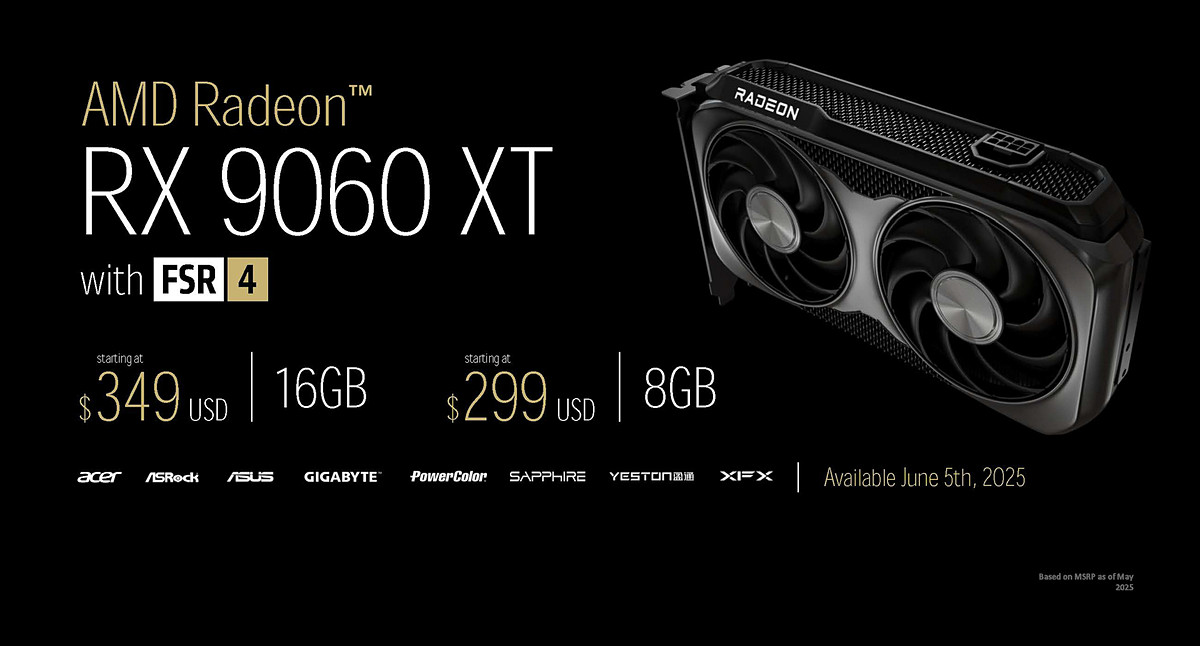 AMD anuncia oficialmente la Radeon RX 9060 XT: 2.048 Stream Processors disponibles con 8 GB a $299 y 16 GB por $349 USD.